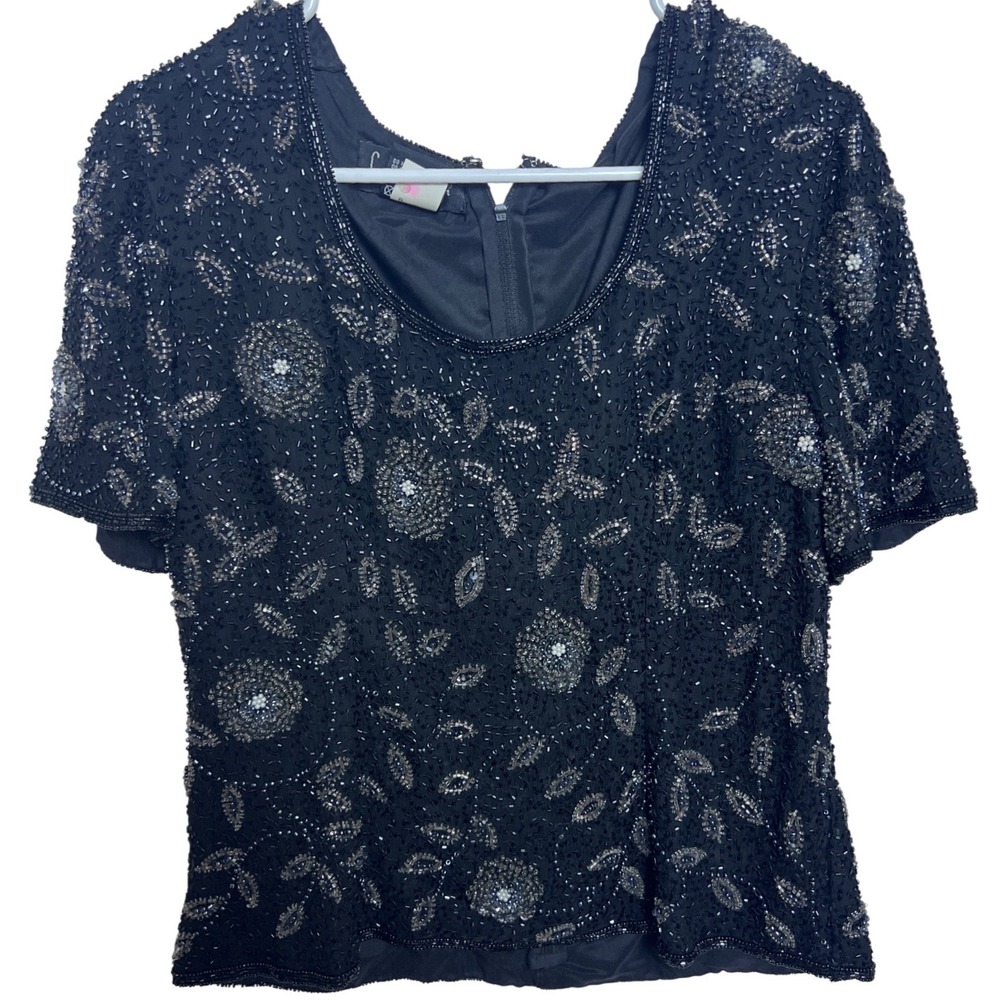 Laurence Kazar Vintage Beaded Silk Top Black Silver Floral Evening Blouse L Glam